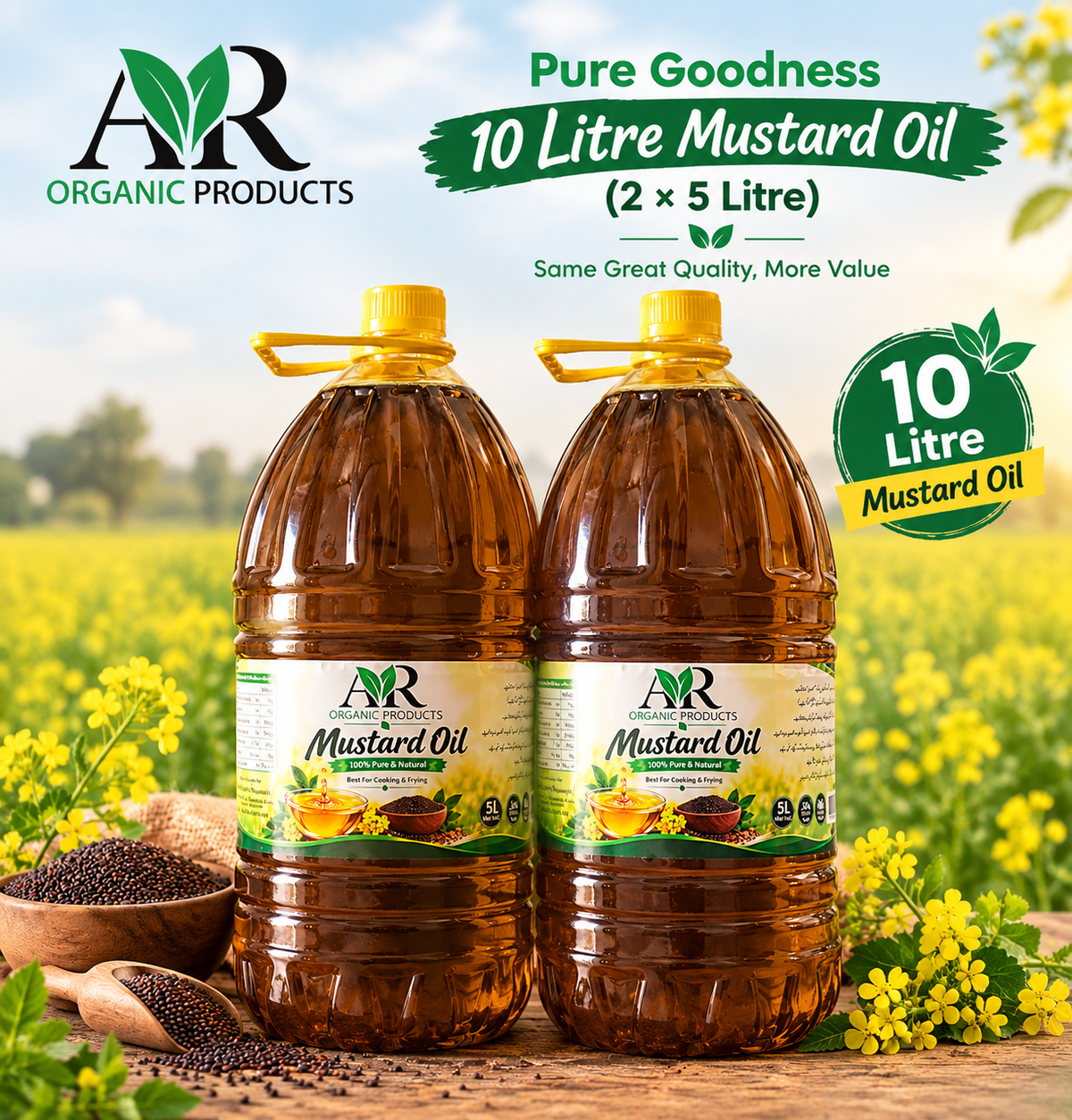 10-Liter Mustard Oil - 100% Pure & Unrefined (2 × 5L) | AR Organic Products